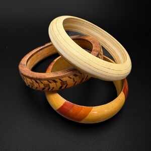 Vintage Bangles Lot Wood Bracelets Painted Inlay Segmented 2 5/8" Opening Boho